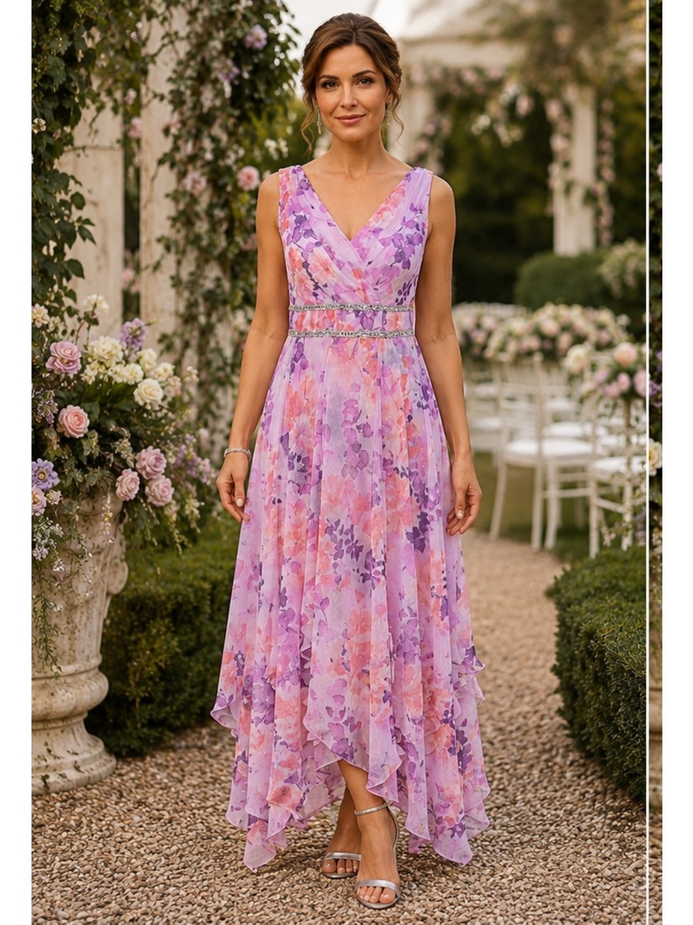 R&M Richards Lavender Pink Floral Chiffon Maxi Dress
